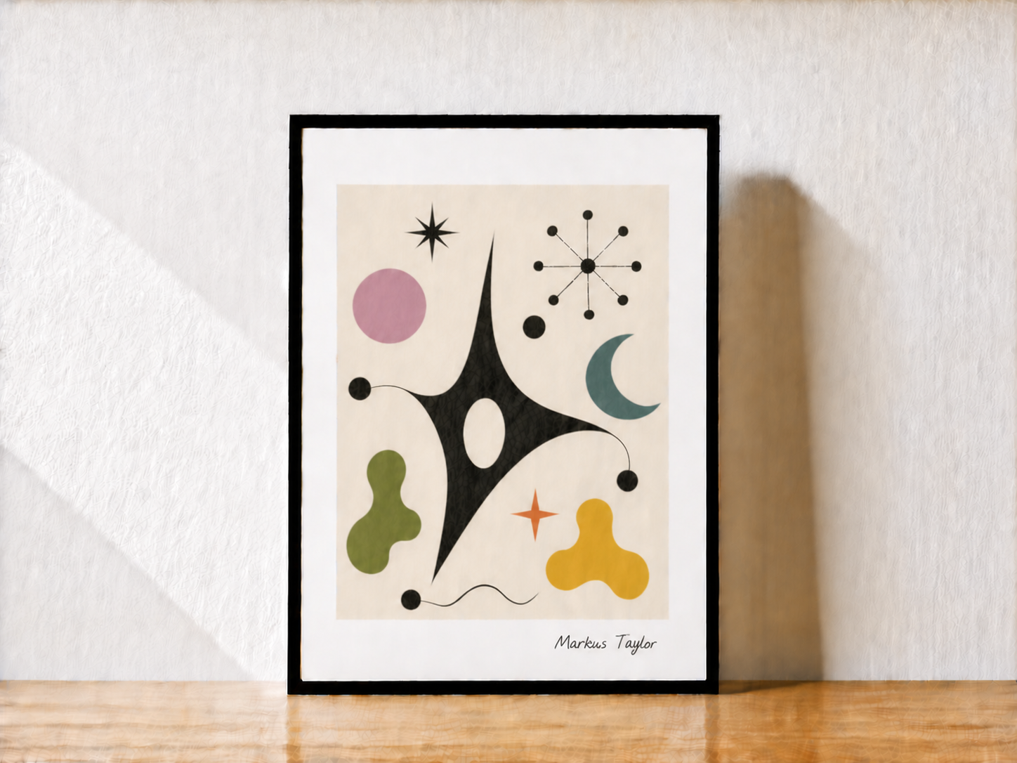 Abstract print on minimalist wood table