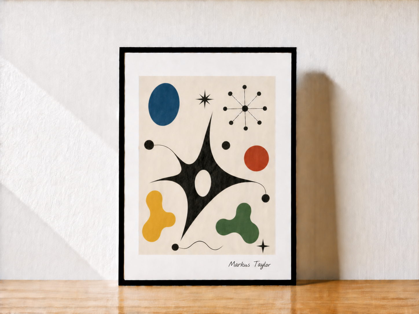 Abstract print on wooden tabletop